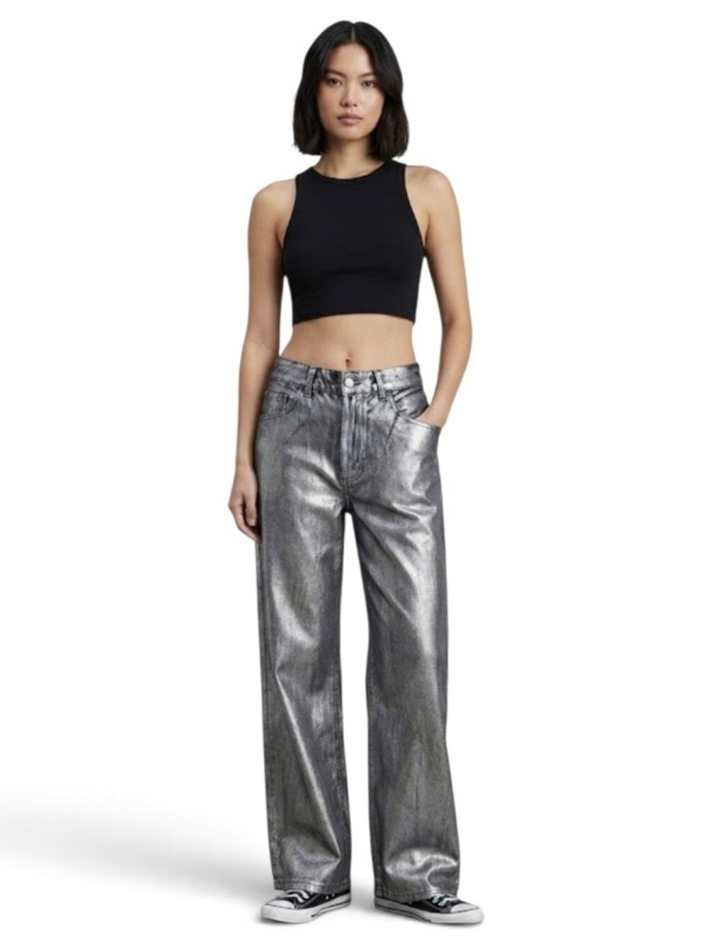 ​Zara Metallic Silver Coated Wide Leg High Rise Denim Jeans Size 30
